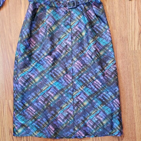 Vintage Wiggle Dress Sz 16 Belted Pin Up Brutalist Peacock Blue Jeweled Collar - Picture 7 of 16